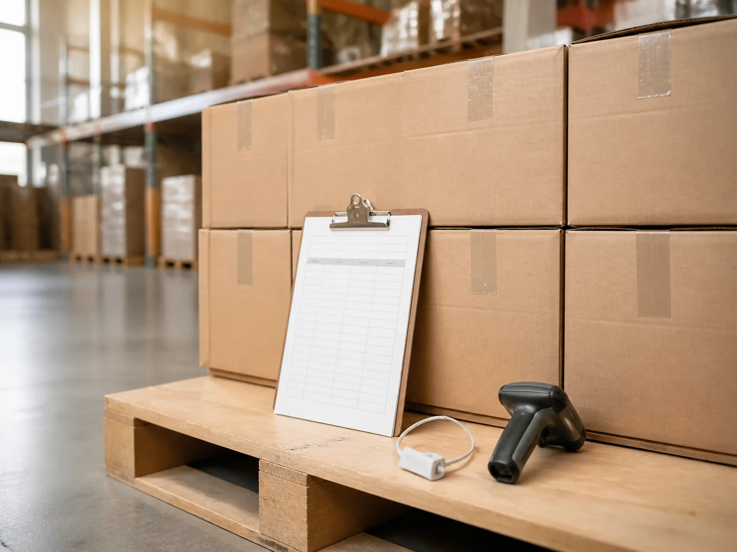 Unbranded sealed cartons and a routing manifest in a warehouse