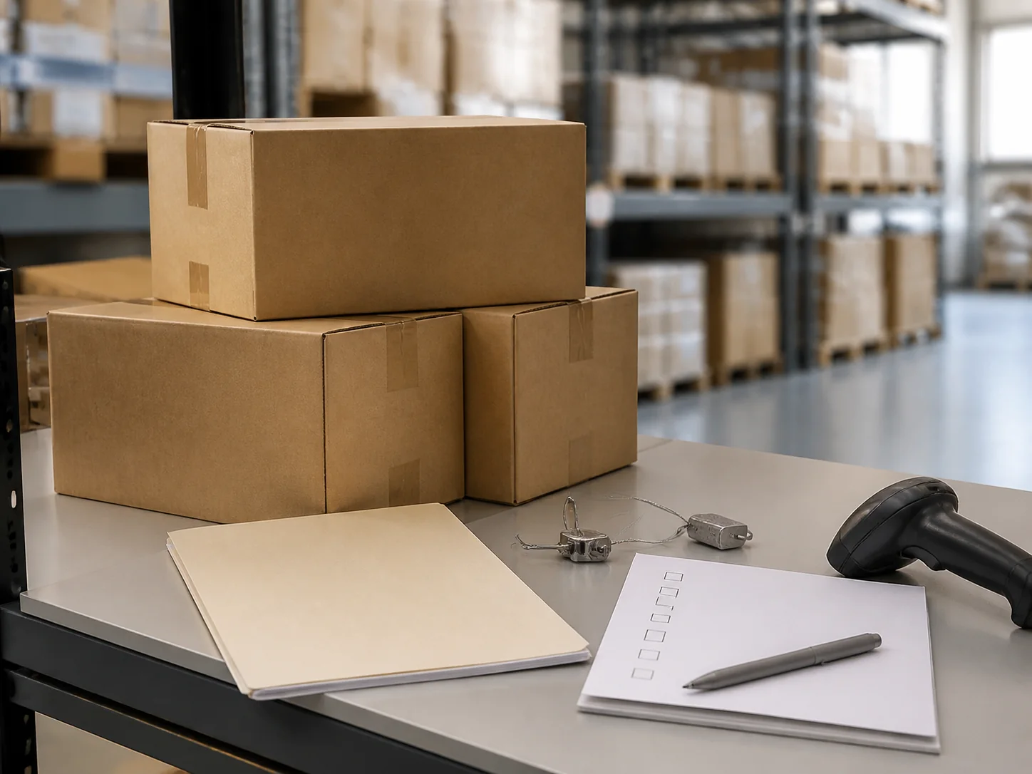 Unbranded cartons, a security seal and an incident checklist in a warehouse