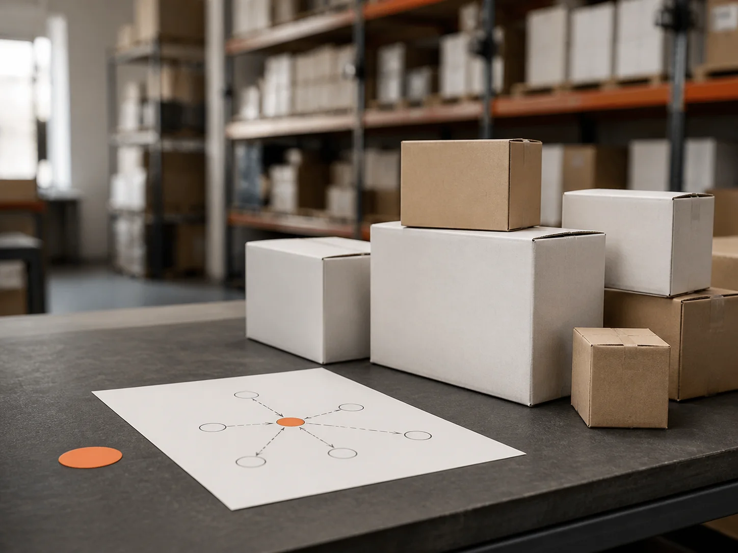 Unbranded cartons and a channel-routing diagram in a warehouse