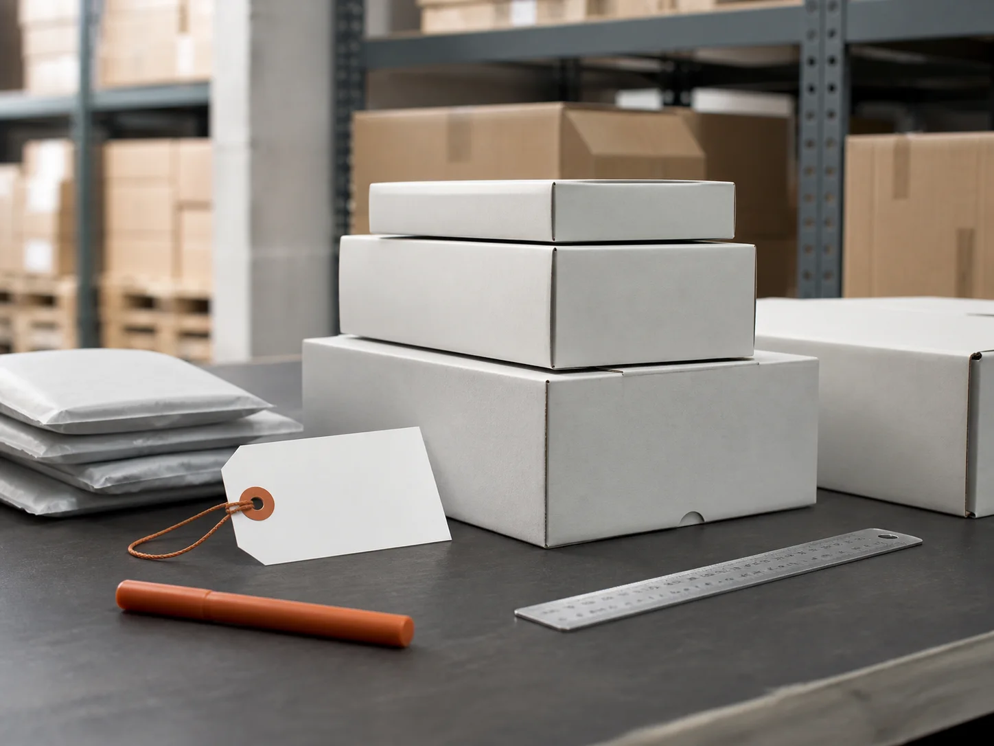 Unbranded cartons, a blank price tag and measuring tools in a warehouse