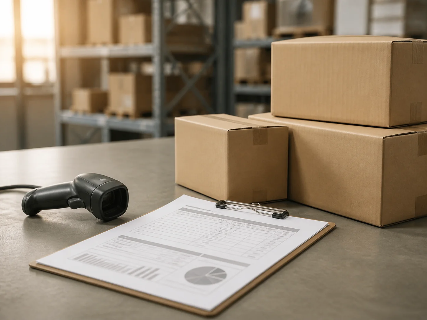 Unbranded cartons and a reporting checklist in a warehouse