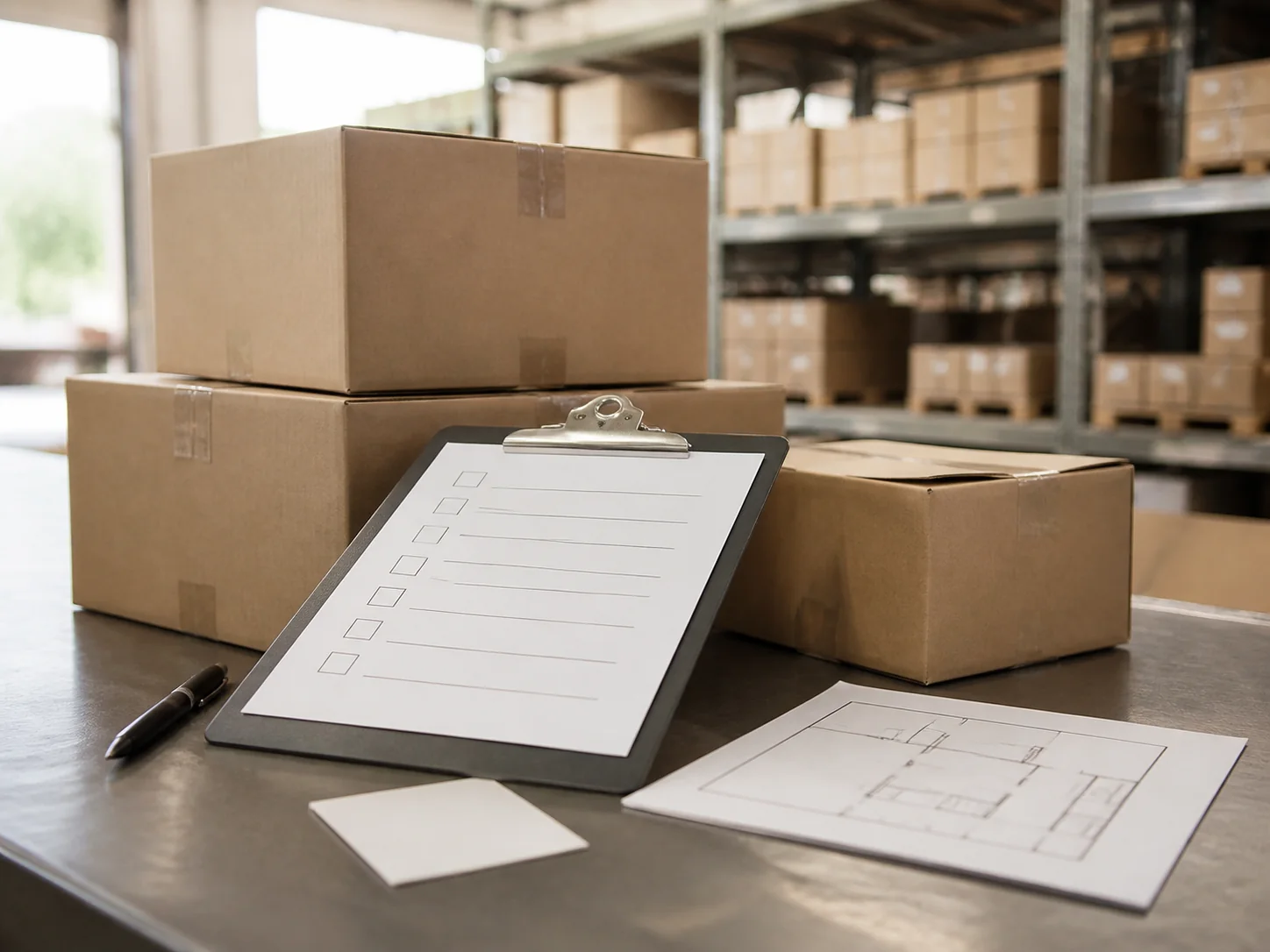 Unbranded cartons and a verification checklist in a warehouse