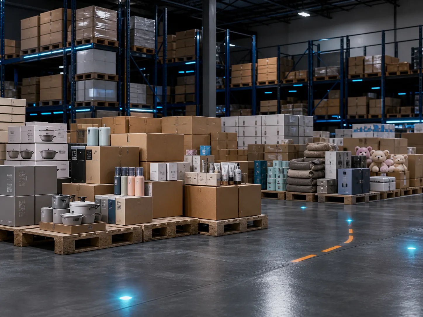 Consumer-goods categories staged in a warehouse