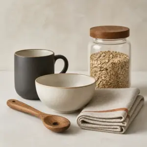 Home and kitchen goods arranged on a neutral studio surface
