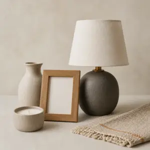 Furniture and home decor arranged on a neutral studio surface