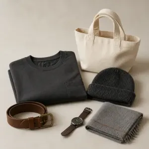 Apparel and accessories arranged on a neutral studio surface