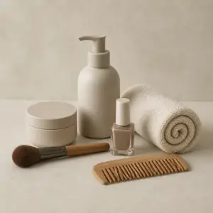 Beauty and personal care products arranged on a neutral studio surface