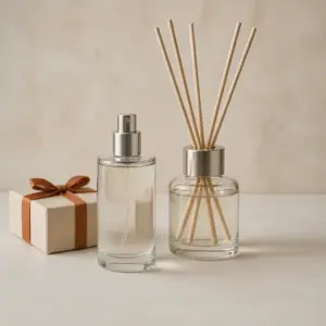Fragrance bottles and a gift box arranged on a neutral studio surface