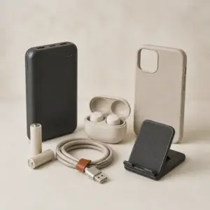 Consumer electronics accessories arranged on a neutral studio surface