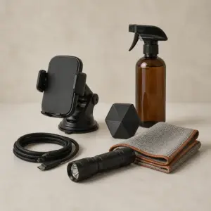 Automotive accessories arranged on a neutral studio surface