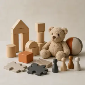 Toys and games arranged on a neutral studio surface