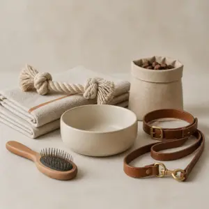 Pet supplies arranged on a neutral studio surface