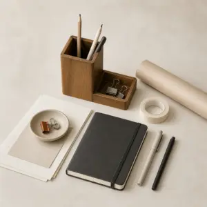 Office and stationery goods arranged on a neutral studio surface