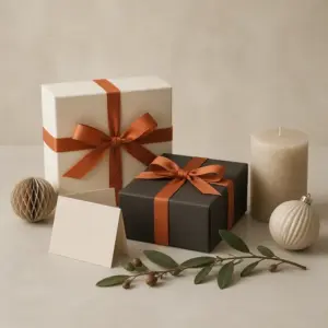 Seasonal and gift goods arranged on a neutral studio surface