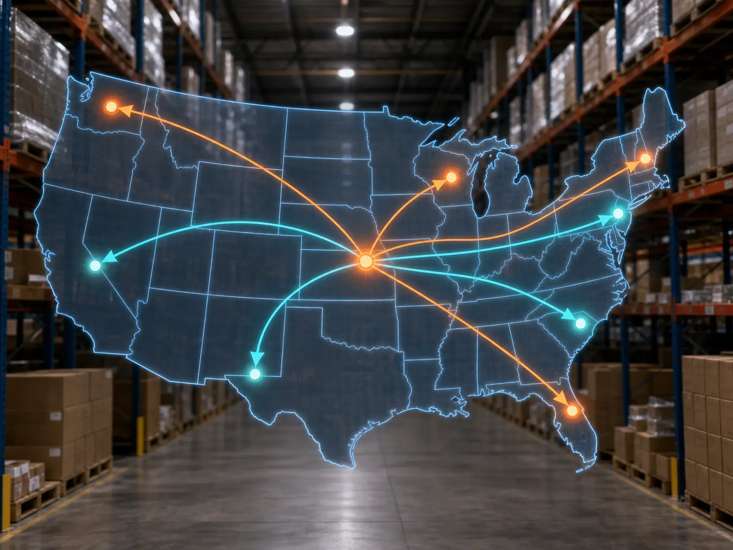 Warehouse racking with a US distribution map and shipping routes